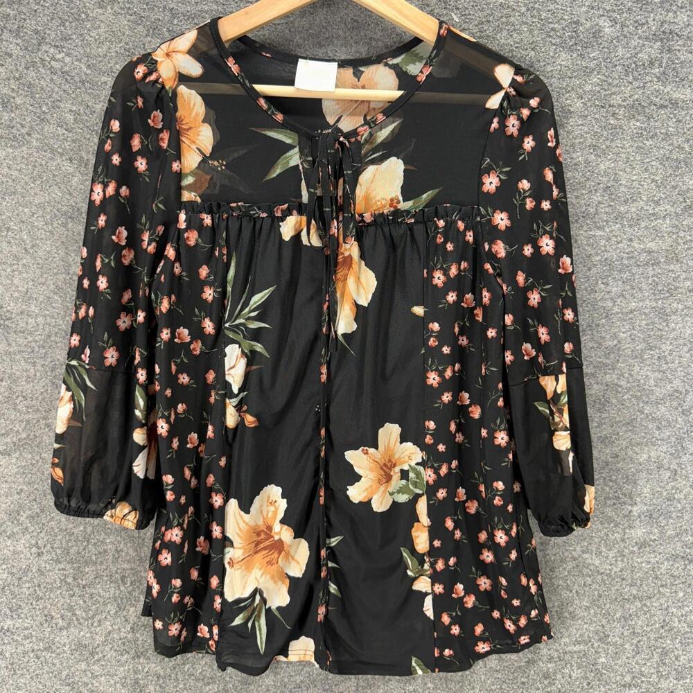 Siren Lily Blouse Women PM Petite Black Floral 3/4 Sleeve Tasseled Round Neck